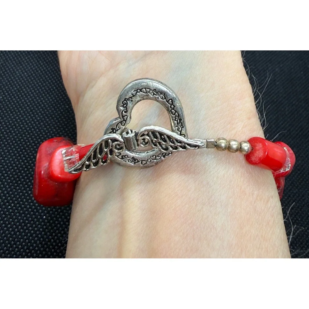 Red Chunky Coral Bead Bracelet Angel Wing Heart Toggle Clasp Boho  8.25